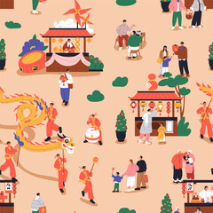 Chinese New Year festival, seamless pattern design. Street market in Chinatown, booths, lanterns, festive dragon, outdoor China celebration. Endless background, print. Flat graphic vector illustration