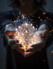 woman holding a glowing sacred geometry mandala, with light rays coming from it in her hands