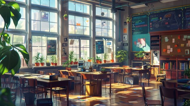 Comfortable classroom in anime art style.
