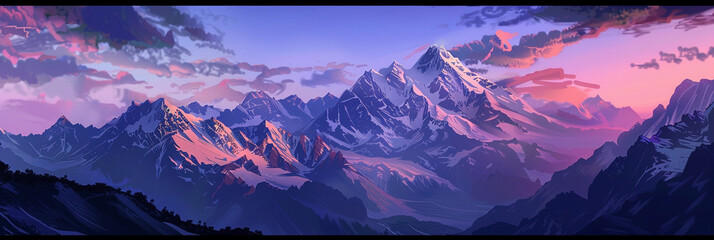 Violet twilight descends upon a majestic mountain range, casting shadows that dance upon the...