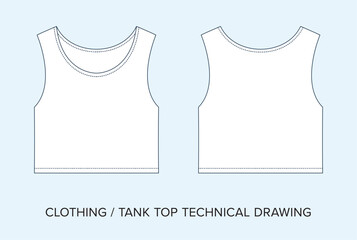 Blank Tank Top Technical Drawing, Apparel Blueprint for Fashion Designers. Detailed Editable Vector Illustration, Black and White Womens Clothing Schematics, Isolated Background