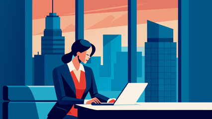 Obraz premium Professional Woman Working on Laptop in Modern City Office at Dusk