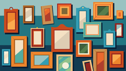 A wall covered in an eclectic mix of thrifted picture frames ready to be transformed into unique and eyecatching collages by an artist with a love for. Vector illustration