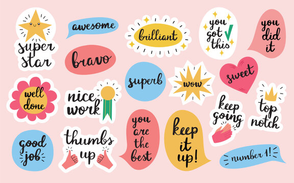 Big set with 18 cute appreciation phrases, encouraging stickers or badges, isolated on a pink background. Hand drawn vector illustrations
