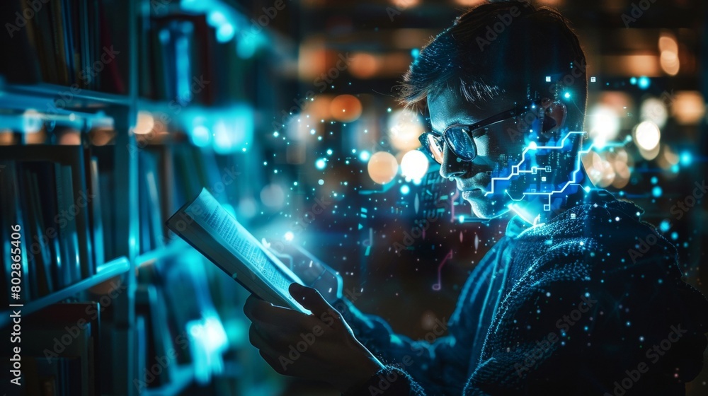 Poster young man discovering augmented reality technology overlays while reading a book in a library