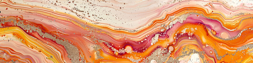 Vibrant tangerine marble ink cascades gracefully over a captivating abstract canvas, speckled with gleaming copper glitters."