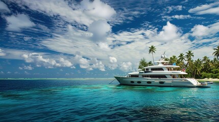 Aerial view of big motor yacht in the sea along the coast. tropical island in indian ocean with...