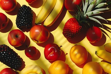 An array of pop art styled fruit with dramatic shadows