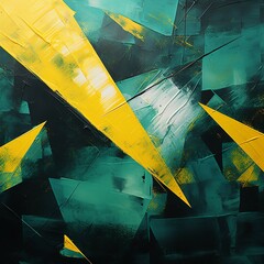 抽象油絵背景正方形バナー）緑・黒・黄色の三角を使った幾何学的なデザイン