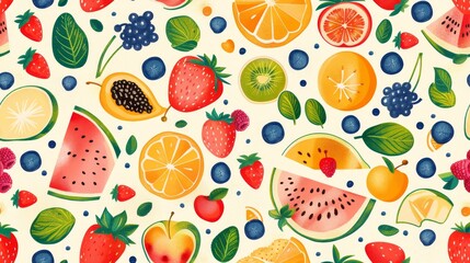 Colorful watercolor seamless pattern with hand drawn exotic fruits and berries. Perfect for fabric, wallpaper, wrapping paper, and other creative projects.