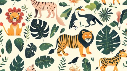 Obraz premium Cute cartoon animals and plants. Seamless pattern with lion, tiger, leopard, giraffe, leaves, flowers, and birds on a light background. Vector illustration.