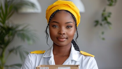 Young african american woman wearing volunteer uniform holding donations box - obrazy, fototapety, plakaty