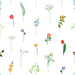 Obraz premium Floral seamless pattern, repeating background. Endless texture, field flowers, summer blooms, branches, tiny wildflowers. Botanical natural flat vector illustration for textile, wallpaper, wrapping