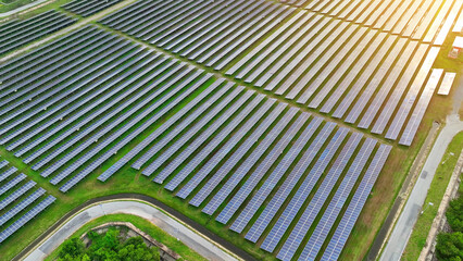 From above, witness a solar power oasis seamlessly integrated into the landscape, blending clean energy with nature's beauty. Harnessing Earth's vitality: Renewable energy.

