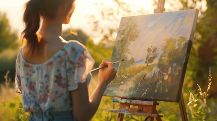 Obraz premium A woman is joyfully painting a landscape on an easel in a field, surrounded by grass and under the open sky, capturing the beauty of nature through art AIG50