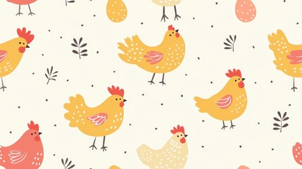 Cute cartoon seamless pattern with farm chicken and eggs. Great for fabric, wallpaper, and home decor.