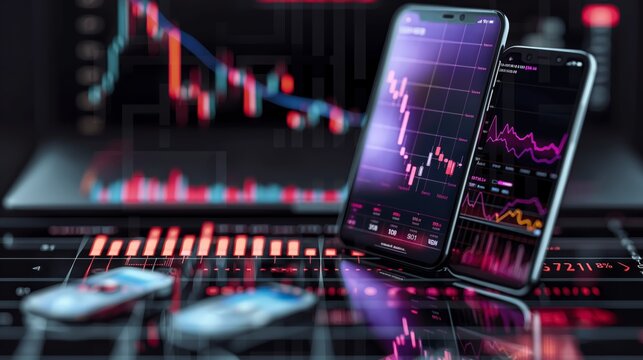 professional trading or financial portfolio management and planning for business performance growth, mobile app and screens chart analysis concept as wide banner design created by ai