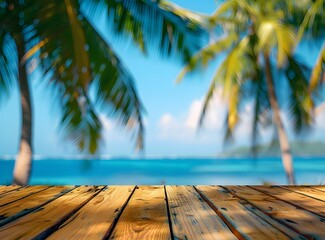 wooden table with a view of the beach and palm trees in the background, minimalistic photography for product showcase