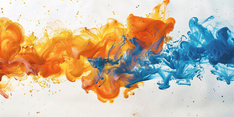 Vibrant marigold and sky blue pigments colliding and creating a breathtaking explosion of color in...