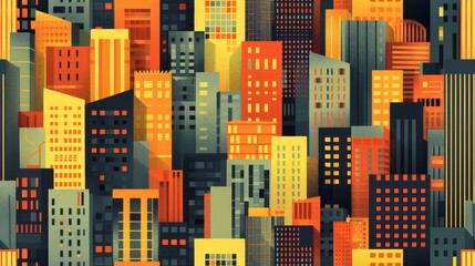 Retro style cityscape. Seamless pattern with 3d buildings. Urban landscape with skyscrapers.