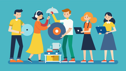 Under the tutelage of a knowledgeable teacher a group of teenagers carefully clean and care for a collection of vinyl records. Vector illustration