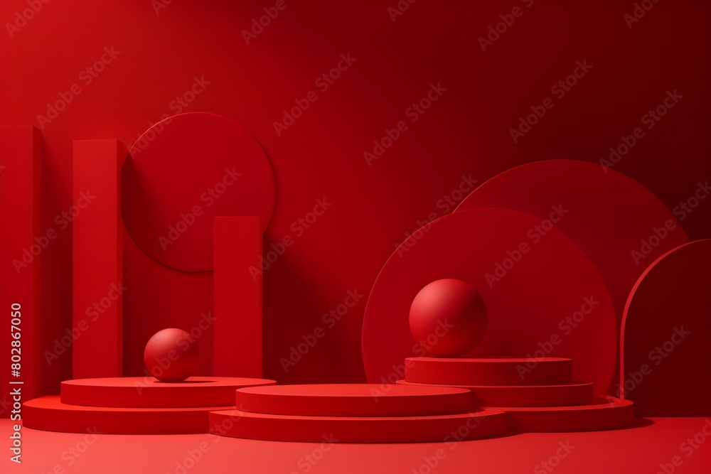 Poster abstract background with geometric shapes in dark red colors for product presentation, minimal mocku