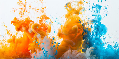Vibrant marigold and sky blue pigments colliding and creating a breathtaking explosion of color in...