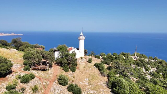 The scenic view of Gelidonya Lighthouse, which is one of the guide lighthouses of the Mediterranean, on the historical Lycian Way, Kumluca, Antalya.