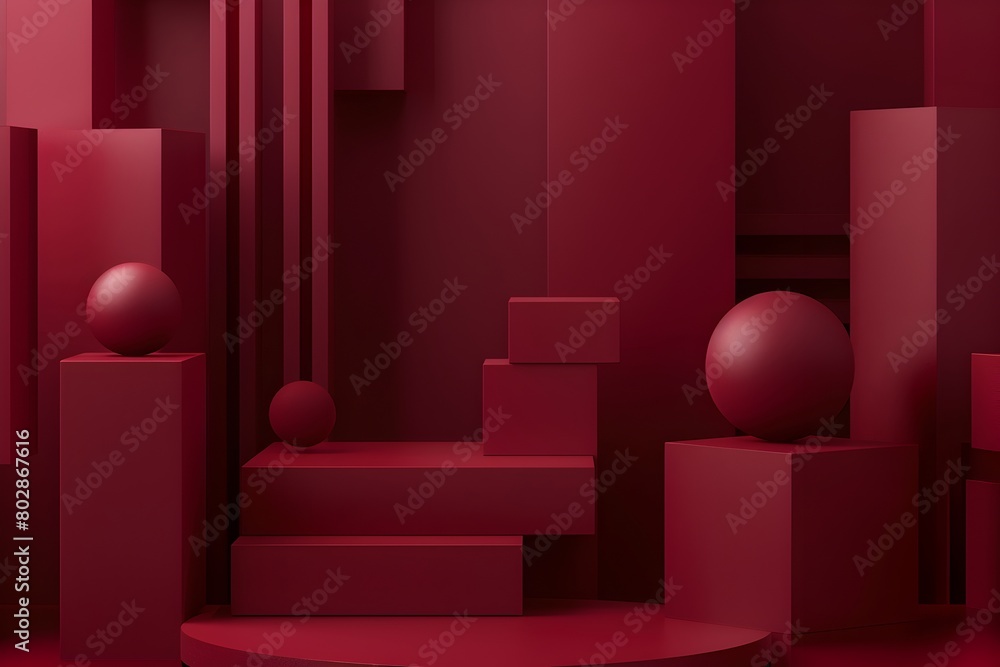 Poster abstract minimal background with geometric shapes in dark red color, display product podium for pres