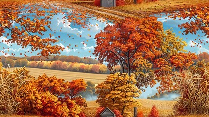 The image shows a beautiful autumn landscape with a red barn, a pond, and a windmill