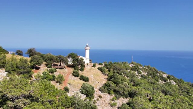 The scenic view of Gelidonya Lighthouse, which is one of the guide lighthouses of the Mediterranean, on the historical Lycian Way, Kumluca, Antalya.