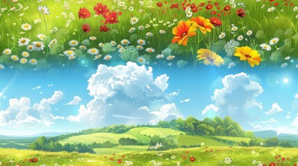The image shows a beautiful landscape with green hills, a blue sky, and a variety of flowers in the foreground.