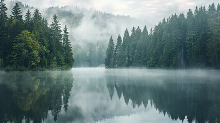 Beautiful morning coniferous forest near the river