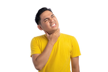 Unhealthy young Asian man suffering from sore throat and touching his neck isolated on white background