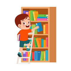 little kid take a book from bookshelf using ladder