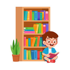 Naklejka premium little kid read book in the library