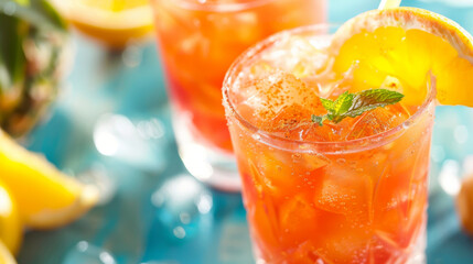 Colorful jamaican rum punch with orange slice and mint, displayed against a tropical backdrop with pineapple accents