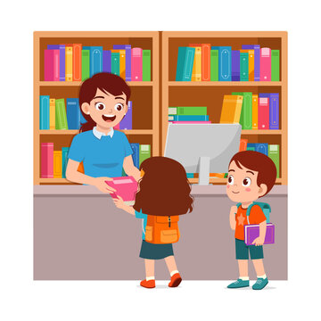 little kid and friend ask librarian to borrow book from the library