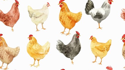 watercolor painting of different chicken breeds