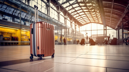 A solitary piece of luggage rests upon a patterned tiled floor, waiting for its owner to return
