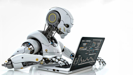 A robotic figure sits atop a laptop computer, showcasing artificial intelligence at work in modern technology