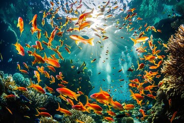 Fototapeta na wymiar An underwater ballet a vibrant school of fish swirls in a mesmerizing synchronized dance within a sunlit coral reef, showcasing the beauty and complexity of marine life.