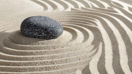 A sea stone resting gently on the sand, surrounded by wavy lines  symbolizing the tranquility and harmony of nature's rhythms