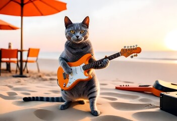 A Russian gray cat in playing guitar on the beach at a bar at sunset on the beach hyper realistic 8k