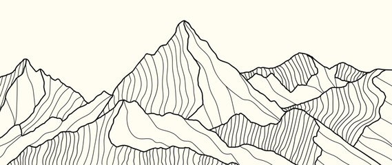 Mountain hand drawn line art background vector. lanscape wallpaper design for home deco, poster, wall art, fabric , banner. 