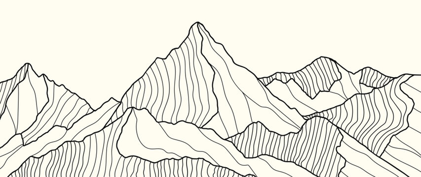 Mountain hand drawn line art background vector. lanscape wallpaper design for home deco, poster, wall art, fabric , banner. 
