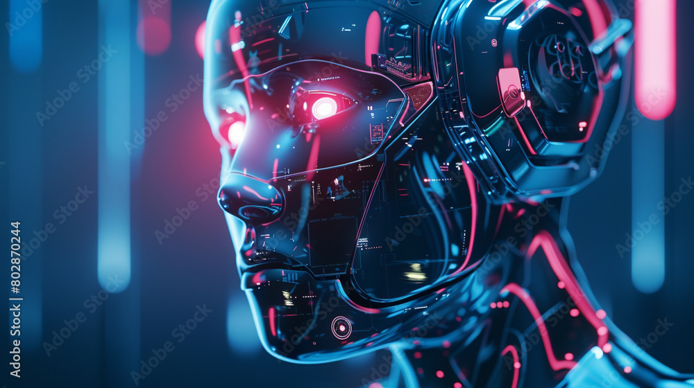 Poster 3d rendering humanoid robot with glowing neon lights in dark space background. ai.