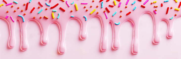 Pink icing sauce dripping down with colorful sprinkles