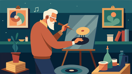 An elderly man in a cozy studio carefully painting images of jazz musicians reminiscent of the records playing on his vintage turntable. Vector illustration