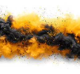 Mustard and black color powder explosion isolated white wide panorama background
